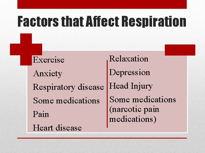Factors that Affect Respiration Exercise Anxiety Respiratory disease Some medications Pain Heart disease Relaxation