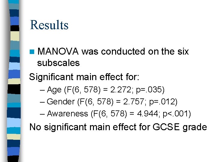 Results n MANOVA was conducted on the six subscales Significant main effect for: –