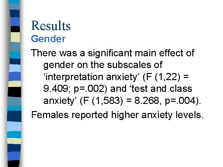Results Gender There was a significant main effect of gender on the subscales of