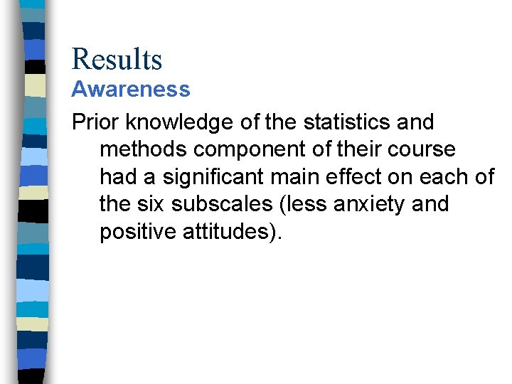 Results Awareness Prior knowledge of the statistics and methods component of their course had