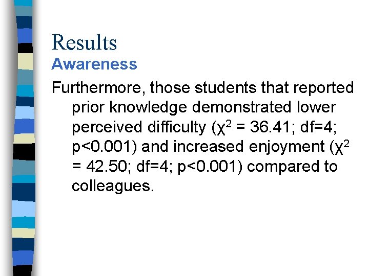 Results Awareness Furthermore, those students that reported prior knowledge demonstrated lower perceived difficulty (χ2