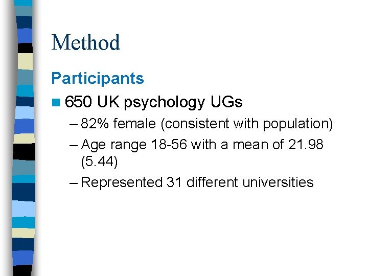 Method Participants n 650 UK psychology UGs – 82% female (consistent with population) –