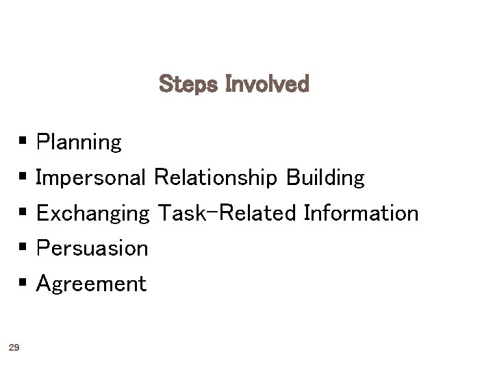 Steps Involved § Planning § Impersonal Relationship Building § Exchanging Task-Related Information § Persuasion