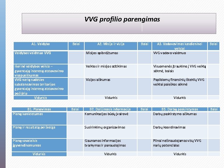 VVG profilio parengimas A 1. Valdyba Balai Valdybos vaidmuo VVG Išorinė valdybos veikla –