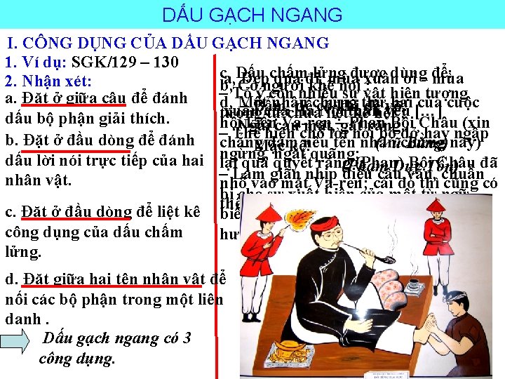 DẤU GẠCH NGANG I. CÔNG DỤNG CỦA DẤU GẠCH NGANG 1. Ví dụ: SGK/129