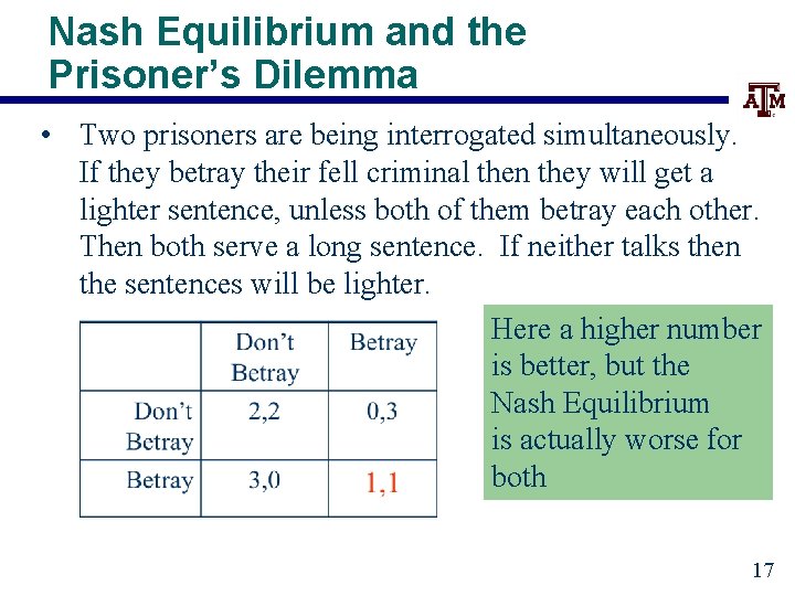 Nash Equilibrium and the Prisoner’s Dilemma • Two prisoners are being interrogated simultaneously. If