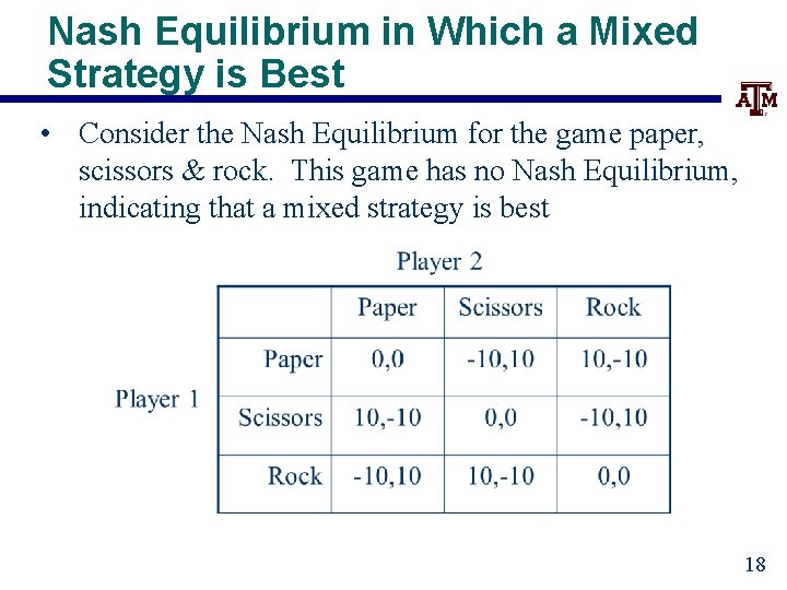 Nash Equilibrium in Which a Mixed Strategy is Best • Consider the Nash Equilibrium