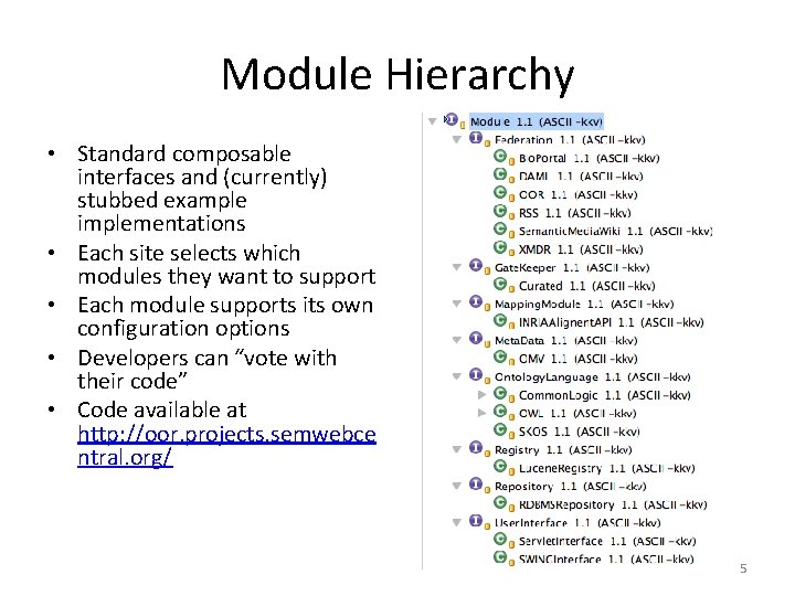 Module Hierarchy • Standard composable interfaces and (currently) stubbed example implementations • Each site
