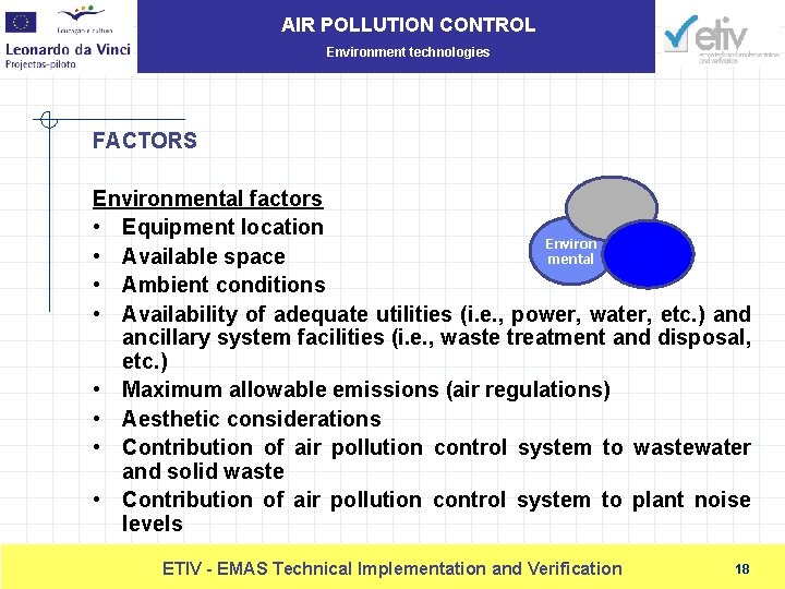 AIR POLLUTION CONTROL Environment technologies FACTORS Environmental factors • Equipment location Environ • Available