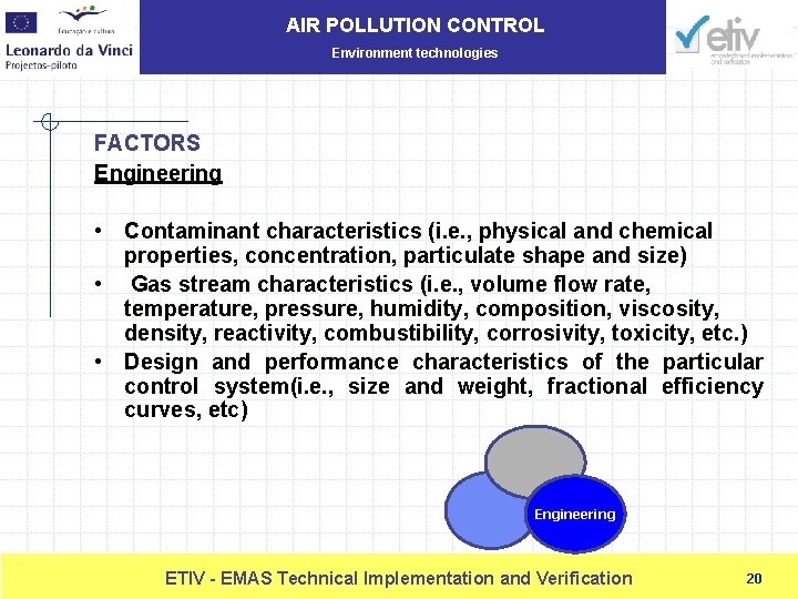 AIR POLLUTION CONTROL Environment technologies FACTORS Engineering • Contaminant characteristics (i. e. , physical