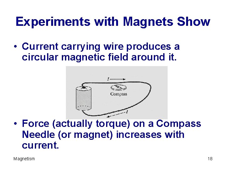 Experiments with Magnets Show • Current carrying wire produces a circular magnetic field around