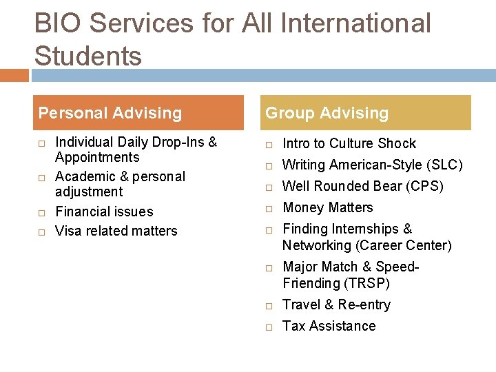 BIO Services for All International Students Personal Advising Individual Daily Drop-Ins & Appointments Academic