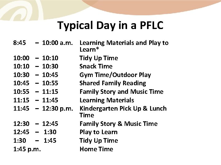 Typical Day in a PFLC 8: 45 – 10: 00 a. m. Learning Materials