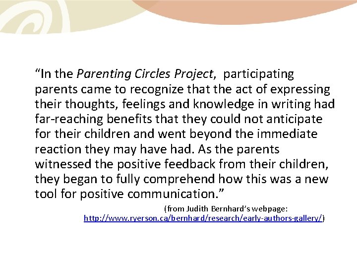 “In the Parenting Circles Project, participating parents came to recognize that the act of