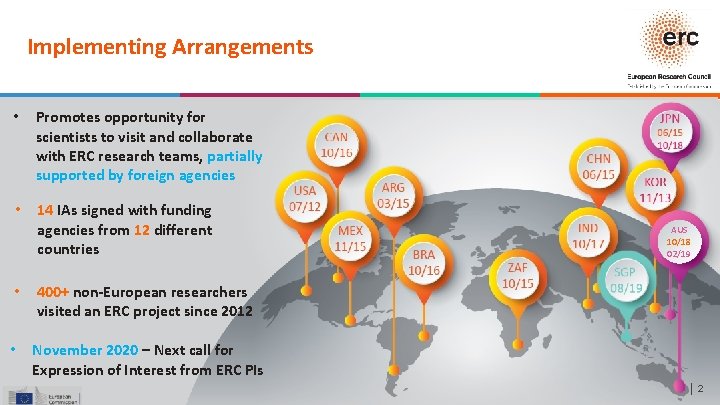 Implementing Arrangements • Promotes opportunity for scientists to visit and collaborate with ERC research