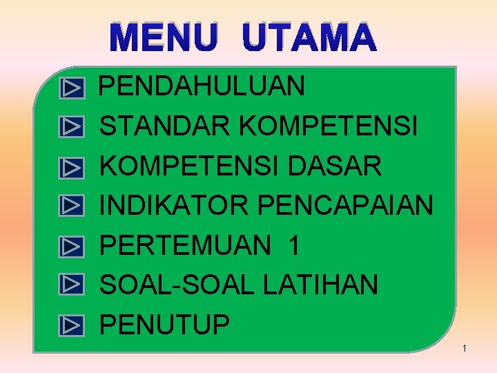 MENU UTAMA PENDAHULUAN STANDAR KOMPETENSI DASAR INDIKATOR PENCAPAIAN PERTEMUAN 1 SOAL-SOAL LATIHAN PENUTUP 1