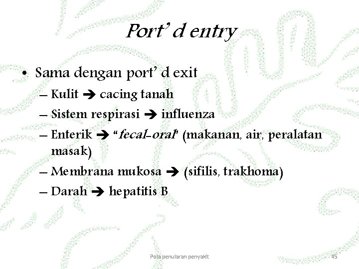 Port’ d entry • Sama dengan port’ d exit – Kulit cacing tanah –