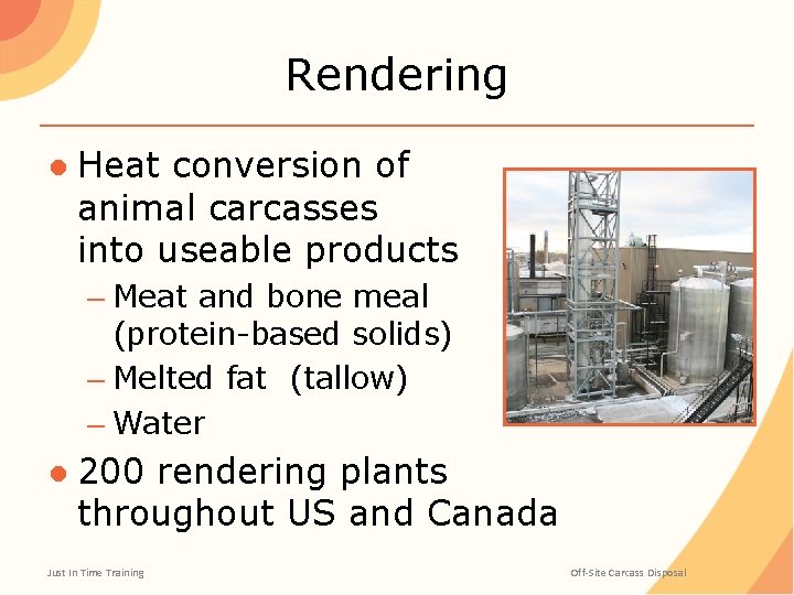 Rendering ● Heat conversion of animal carcasses into useable products – Meat and bone