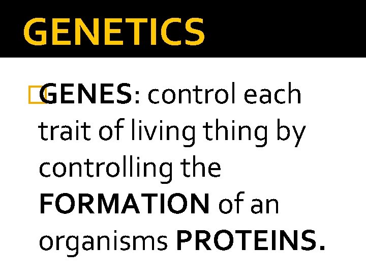 GENETICS �GENES: control each trait of living thing by controlling the FORMATION of an