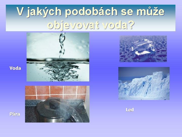 V jakých podobách se může objevovat voda? Voda Pára Led 