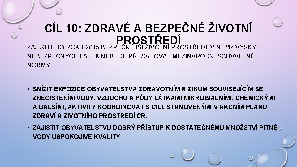 CÍL 10: ZDRAVÉ A BEZPEČNÉ ŽIVOTNÍ PROSTŘEDÍ ZAJISTIT DO ROKU 2015 BEZPEČNĚJŠÍ ŽIVOTNÍ PROSTŘEDÍ,