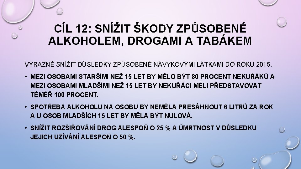 CÍL 12: SNÍŽIT ŠKODY ZPŮSOBENÉ ALKOHOLEM, DROGAMI A TABÁKEM VÝRAZNĚ SNÍŽIT DŮSLEDKY ZPŮSOBENÉ NÁVYKOVÝMI