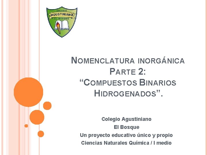 NOMENCLATURA INORGÁNICA PARTE 2: “COMPUESTOS BINARIOS HIDROGENADOS”. Colegio Agustiniano El Bosque Un proyecto educativo