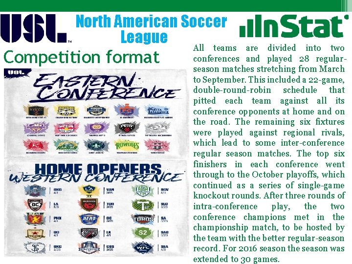 North American Soccer League All teams Competition format are divided into two conferences and