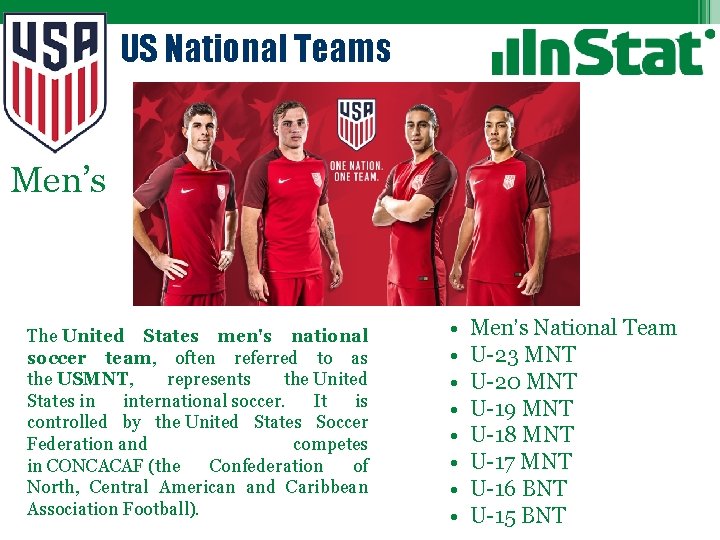 US National Teams Men’s The United States men's national soccer team, often referred to