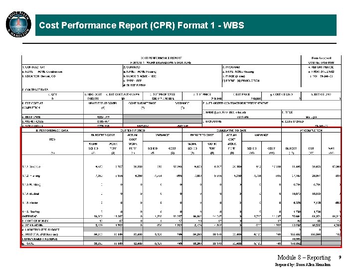 Cost Performance Report (CPR) Format 1 - WBS Module 8 – Reporting Prepared by: