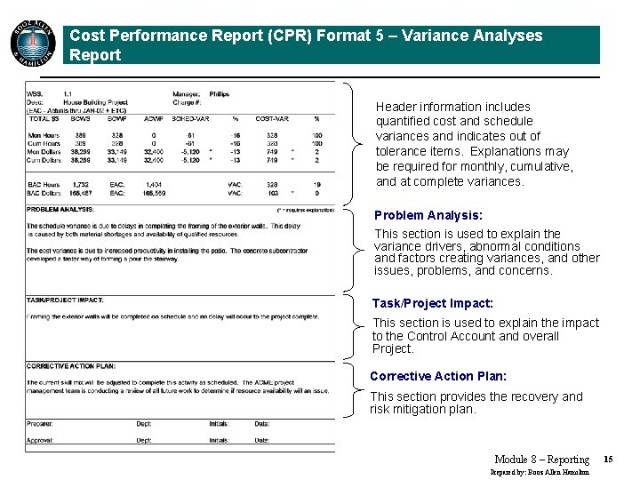 Cost Performance Report (CPR) Format 5 – Variance Analyses Report Header information includes quantified