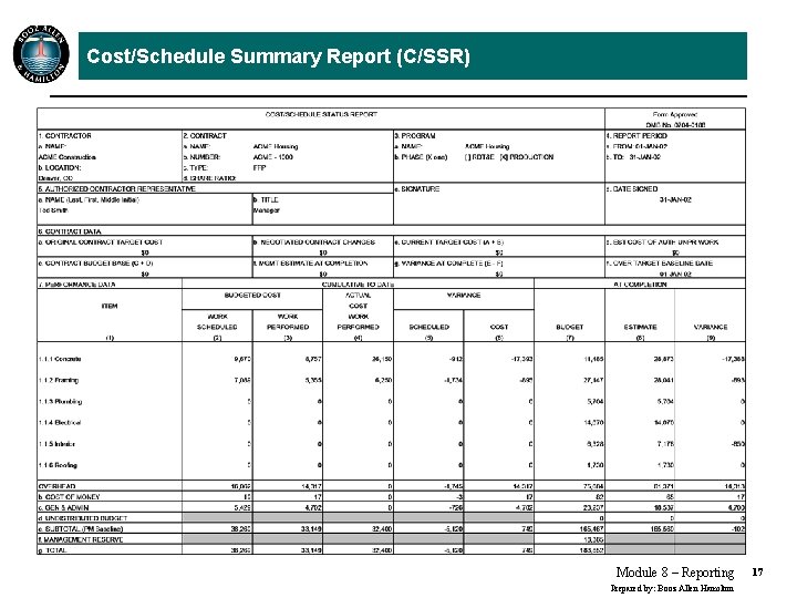 Cost/Schedule Summary Report (C/SSR) Module 8 – Reporting Prepared by: Booz Allen Hamilton 17