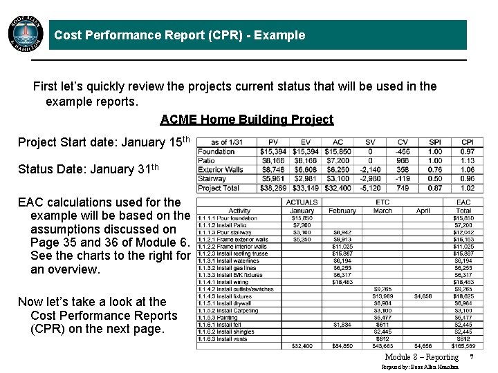 Cost Performance Report (CPR) - Example First let’s quickly review the projects current status