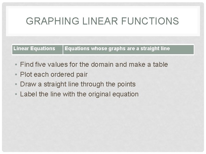 GRAPHING LINEAR FUNCTIONS Linear Equations • • Equations whose graphs are a straight line