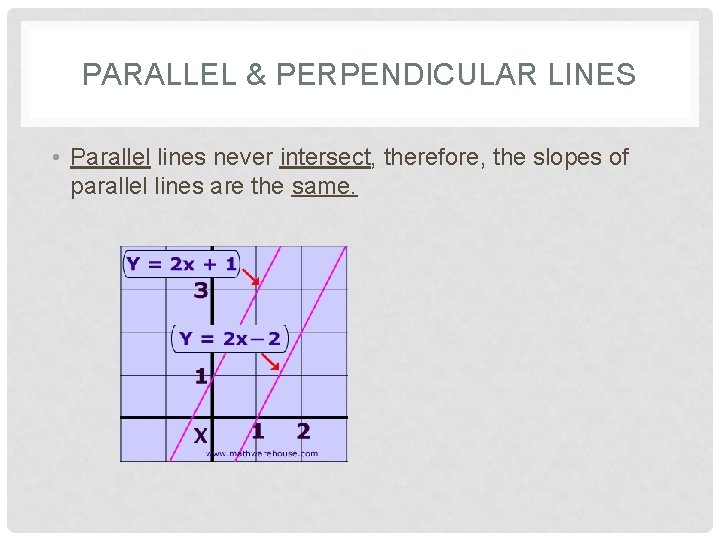 PARALLEL & PERPENDICULAR LINES • Parallel lines never intersect, therefore, the slopes of parallel