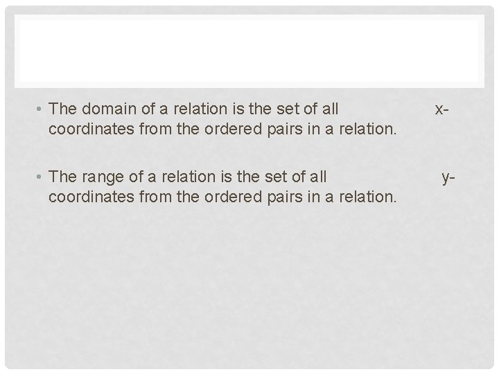  • The domain of a relation is the set of all xcoordinates from