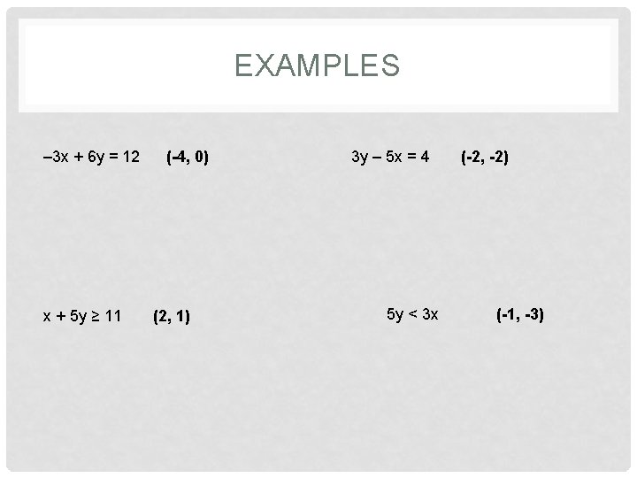 EXAMPLES – 3 x + 6 y = 12 (-4, 0) x + 5