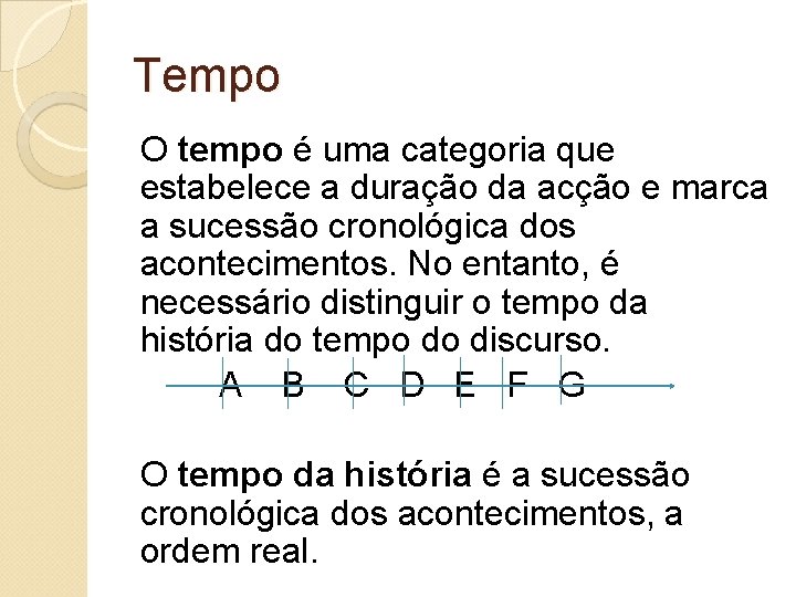 Tempo O tempo é uma categoria que estabelece a duração da acção e marca Tempo O tempo é uma categoria que estabelece a duração da acção e marca