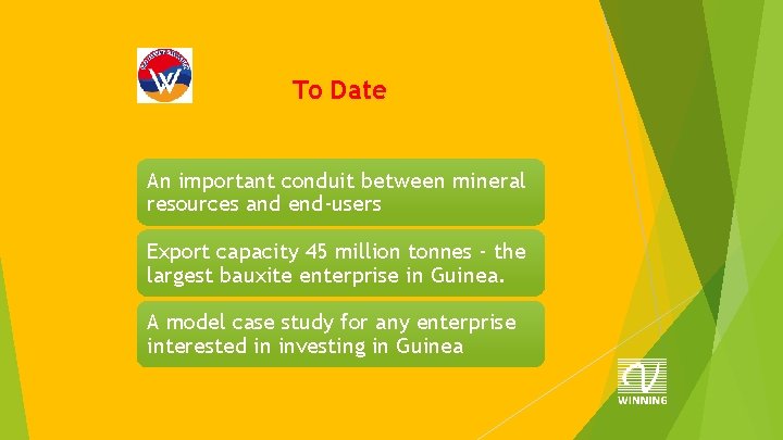 To Date An important conduit between mineral resources and end-users Export capacity 45 million