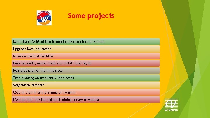 Some projects More than US$10 million in public infrastructure in Guinea Upgrade local education