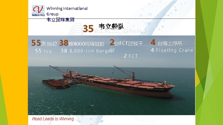 Winning International Group 韦立国际集团 韦立船队 35条自有船舶 35 Vessels 55 条 拖 轮 38艘 8000吨级驳船