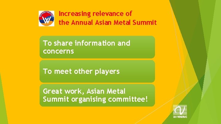 Increasing relevance of the Annual Asian Metal Summit To share information and concerns To