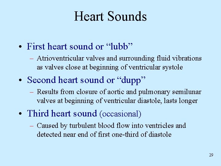 Heart Sounds • First heart sound or “lubb” – Atrioventricular valves and surrounding fluid