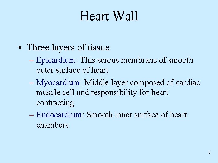 Heart Wall • Three layers of tissue – Epicardium: This serous membrane of smooth