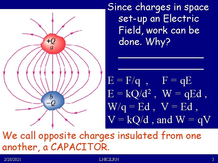 Since charges in space set-up an Electric Field, work can be done. Why? ______________