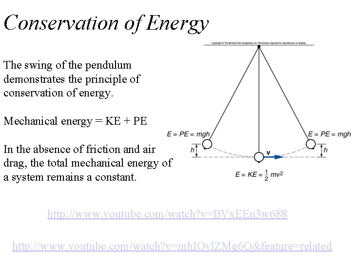 Conservation of Energy The swing of the pendulum demonstrates the principle of conservation of