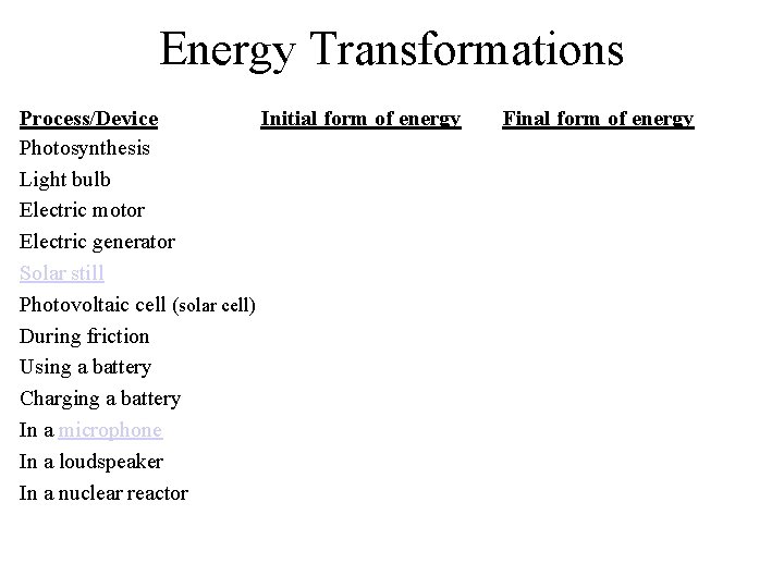 Energy Transformations Process/Device Initial form of energy Photosynthesis Light bulb Electric motor Electric generator