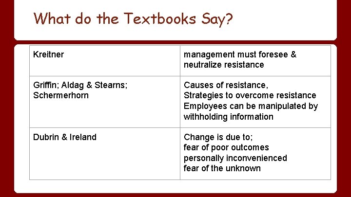 What do the Textbooks Say? Kreitner management must foresee & neutralize resistance Griffin; Aldag