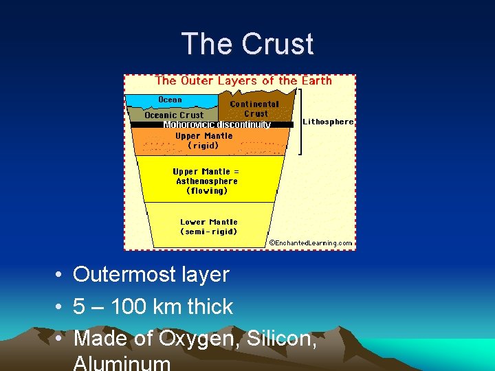 The Crust • Outermost layer • 5 – 100 km thick • Made of