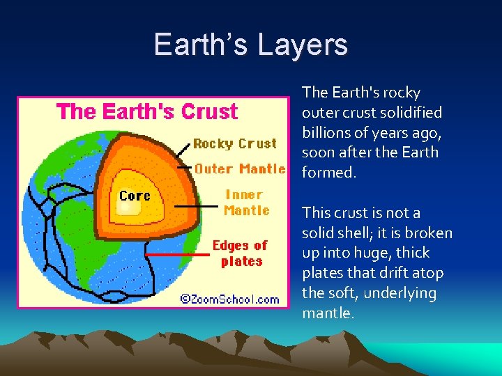 Earth’s Layers The Earth's rocky outer crust solidified billions of years ago, soon after